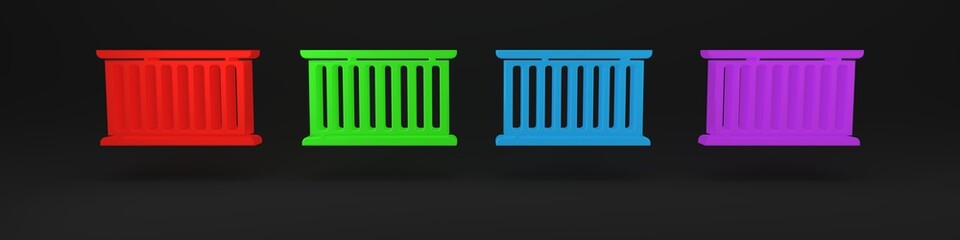 Colorful Container icon isolated on black background. Crane lifts a container with cargo. Minimalism concept. 3D render illustration