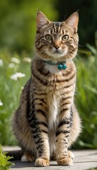Obraz premium A beautiful tabby American Bobtail cat with striking green eyes sits attentively in a lush garden, surrounded by vibrant greenery, creating a serene and natural setting