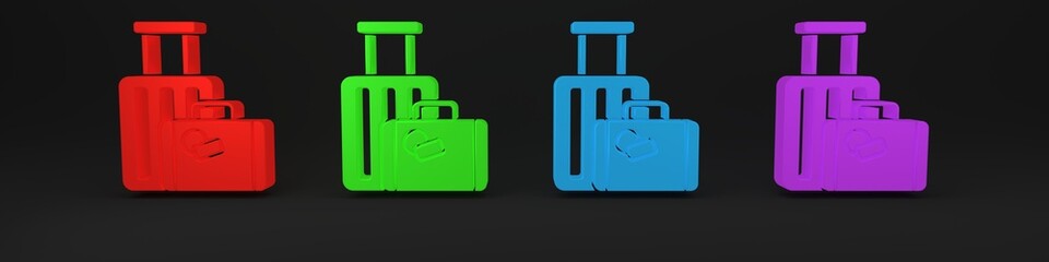 Colorful Suitcase for travel icon isolated on black background. Traveling baggage sign. Travel luggage icon. Minimalism concept. 3D render illustration