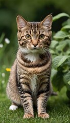 Fototapeta premium A beautiful tabby American Bobtail cat with striking green eyes sits attentively in a lush garden, surrounded by vibrant greenery, creating a serene and natural setting