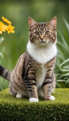 A regal tabby American Bobtail cat poses elegantly in a garden, its fur blending with the greenery around it, showcasing the beauty of nature and feline grace