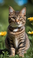 Fototapeta premium A regal tabby American Bobtail cat poses elegantly in a garden, its fur blending with the greenery around it, showcasing the beauty of nature and feline grace