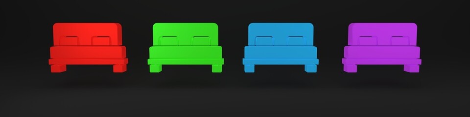 Colorful Big bed for two or one person icon isolated on black background. Minimalism concept. 3D render illustration