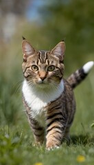 A beautiful tabby American Bobtail cat with striking green eyes sits attentively in a lush garden, surrounded by vibrant greenery, creating a serene and natural setting