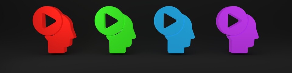 Colorful Head people with play button icon isolated on black background. Minimalism concept. 3D render illustration