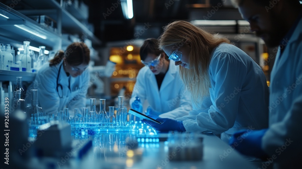 Poster scientists engaged in focused analysis using a tablet amidst laboratory equipment, highlighting team