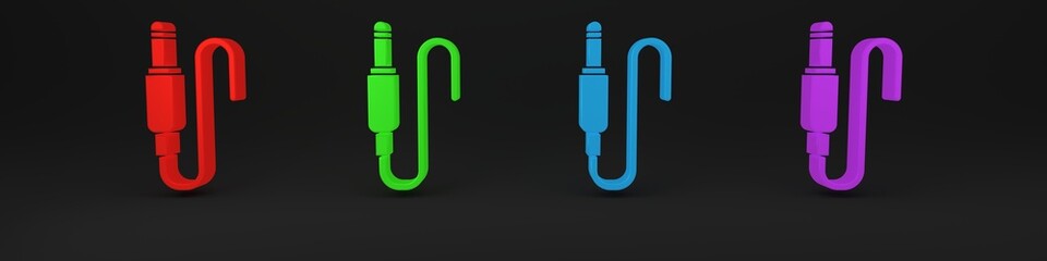 Colorful Audio jack icon isolated on black background. Audio cable for connection sound equipment. Plug wire. Musical instrument. Minimalism concept. 3D render illustration