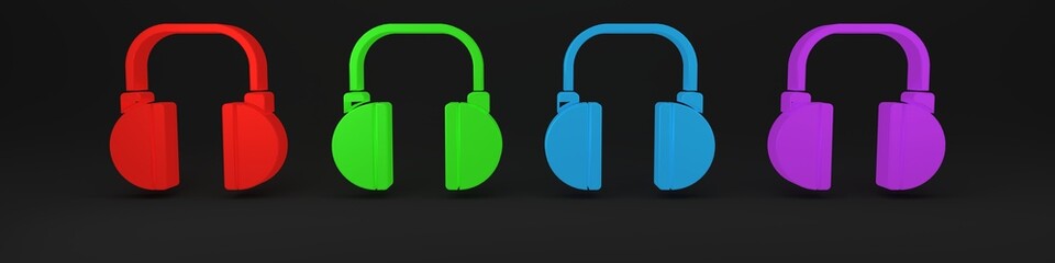 Colorful Headphones icon isolated on black background. Earphones. Concept for listening to music, service, communication and operator. Minimalism concept. 3D render illustration
