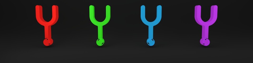 Colorful Musical tuning fork for tuning musical instruments icon isolated on black background. Minimalism concept. 3D render illustration