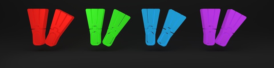 Colorful Rubber flippers for swimming icon isolated on black background. Diving equipment. Extreme sport. Sport equipment. Minimalism concept. 3D render illustration © Vadim
