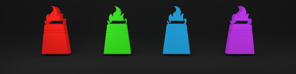 Colorful Oil rig with fire icon isolated on black background. Fire accident. Gas tower. Industrial object. Minimalism concept. 3D render illustration