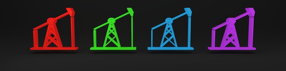 Colorful Oil pump or pump jack icon isolated on black background. Oil rig. Minimalism concept. 3D render illustration
