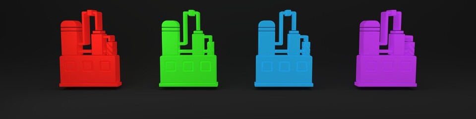 Colorful Oil and gas industrial factory building icon isolated on black background. Minimalism concept. 3D render illustration