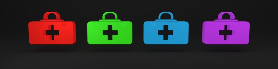 Colorful First aid kit icon isolated on black background. Medical box with cross. Medical equipment for emergency. Healthcare concept. Minimalism concept. 3D render illustration