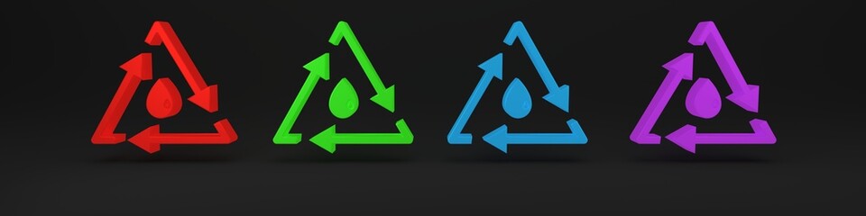 Colorful Oil drop with recycle icon isolated on black background. Minimalism concept. 3D render illustration