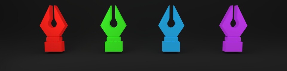 Colorful Fountain pen nib icon isolated on black background. Pen tool sign. Minimalism concept. 3D render illustration