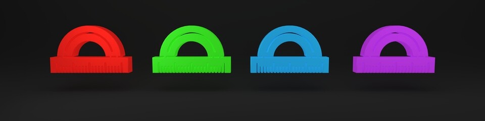 Colorful Protractor grid for measuring degrees icon isolated on black background. Tilt angle meter. Measuring tool. Geometric symbol. Minimalism concept. 3D render illustration