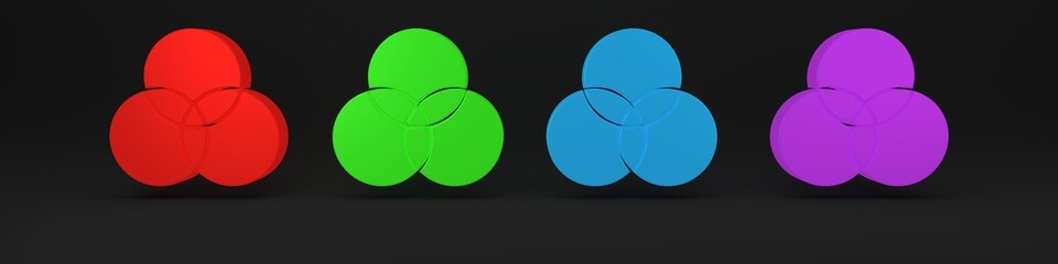 Colorful RGB and CMYK color mixing icon isolated on black background. Minimalism concept. 3D render illustration