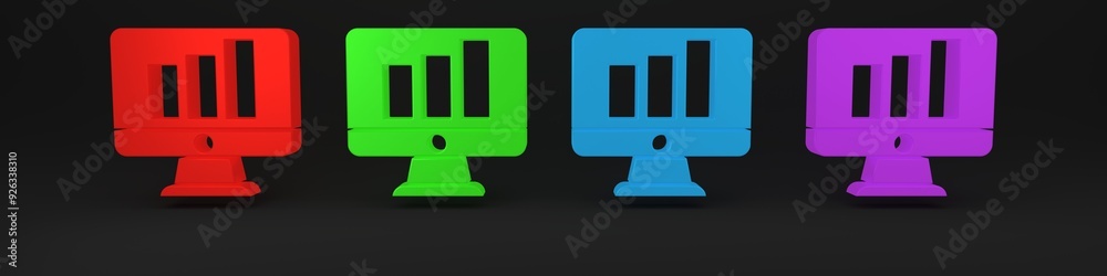 Poster colorful computer monitor with graph chart icon isolated on black background. report text file. acco