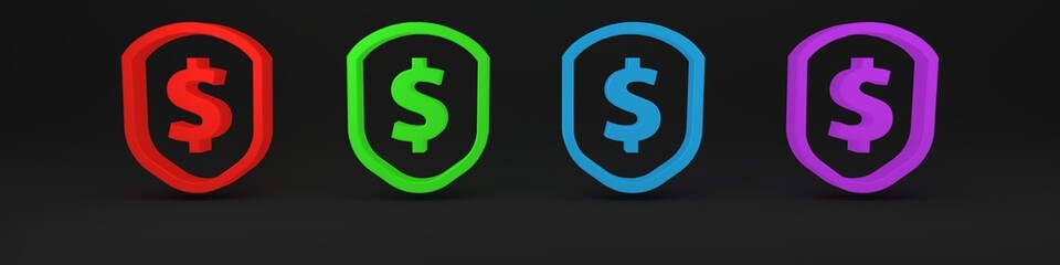 Colorful Shield with dollar symbol icon isolated on black background. Security shield protection. Money security concept. Minimalism concept. 3D render illustration