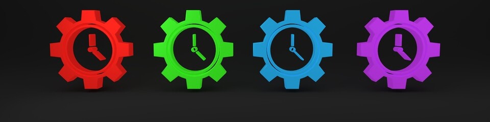 Colorful Time Management icon isolated on black background. Clock and gear sign. Productivity symbol. Minimalism concept. 3D render illustration