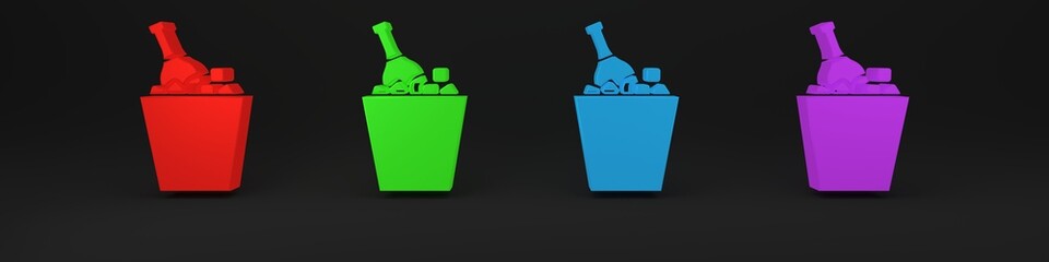 Colorful Bottle of champagne in an ice bucket icon isolated on black background. Minimalism concept. 3D render illustration