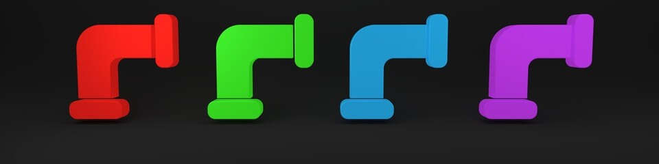 Colorful Industry metallic pipe icon isolated on black background. Plumbing pipeline parts of different shapes. Minimalism concept. 3D render illustration