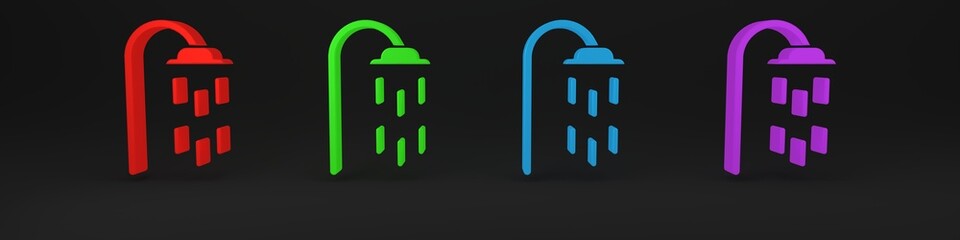 Colorful Shower head with water drops flowing icon isolated on black background. Minimalism concept. 3D render illustration