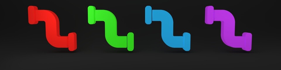 Colorful Industry metallic pipe icon isolated on black background. Plumbing pipeline parts of different shapes. Minimalism concept. 3D render illustration