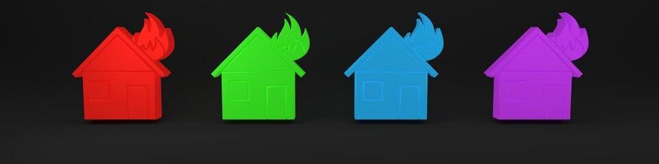 Colorful Fire in burning house icon isolated on black background. Minimalism concept. 3D render illustration