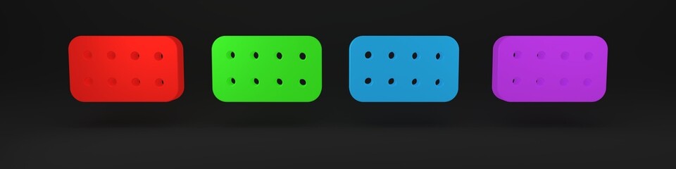 Colorful Pills in blister pack icon isolated on black background. Medical drug package for tablet, vitamin, antibiotic, aspirin. Minimalism concept. 3D render illustration