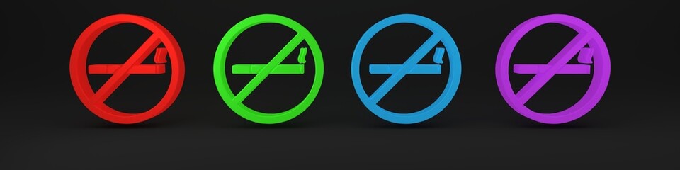 Colorful No Smoking icon isolated on black background. Cigarette symbol. Minimalism concept. 3D render illustration