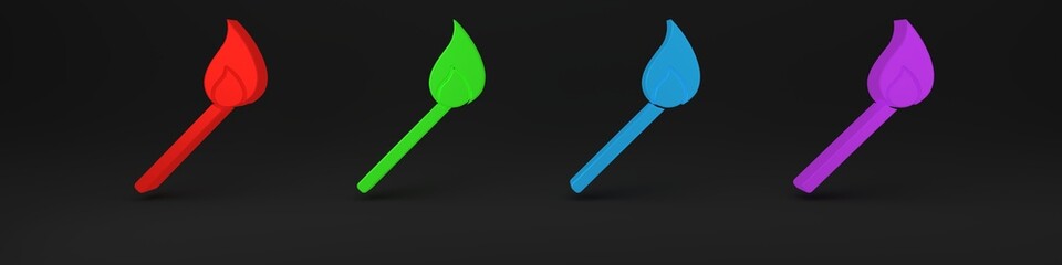Colorful Burning match with fire icon isolated on black background. Match with fire. Matches sign. Minimalism concept. 3D render illustration
