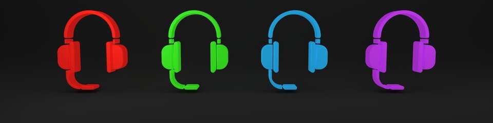 Colorful Headphones with microphone icon isolated on black background. Minimalism concept. 3D render illustration