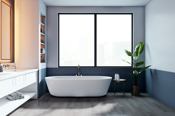 Modern bathroom interior with large window and bathtub. 3D Rendering