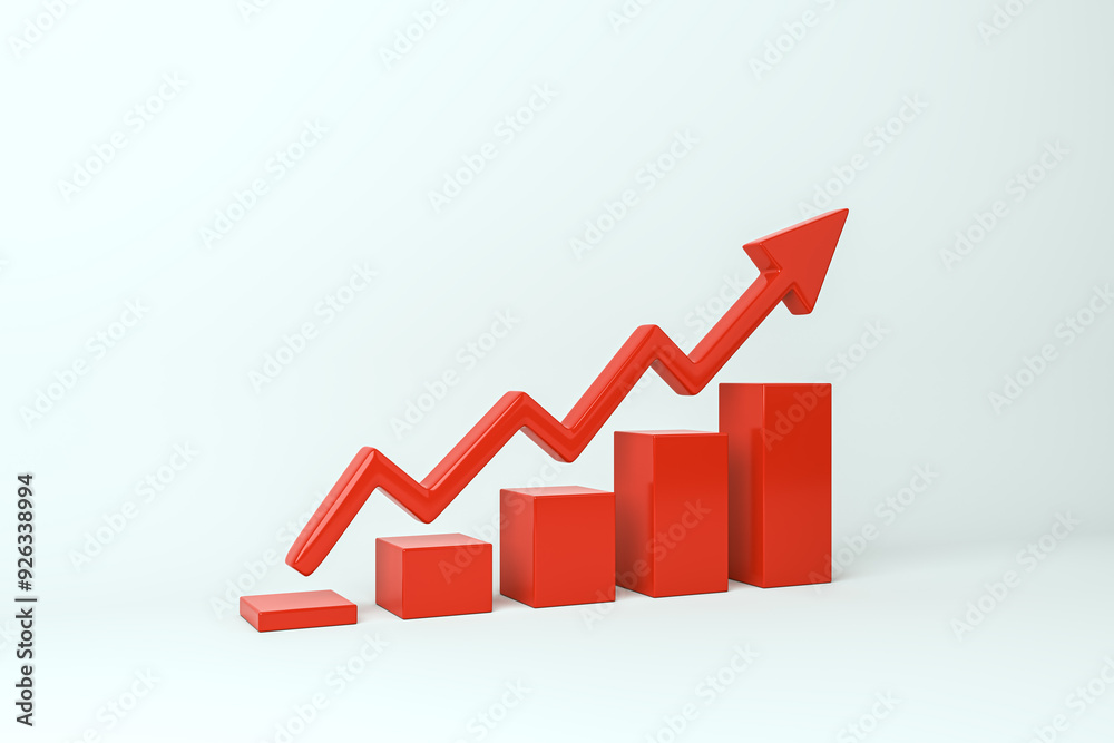 Poster red upward trend arrow and bar chart on light background. 3d rendering