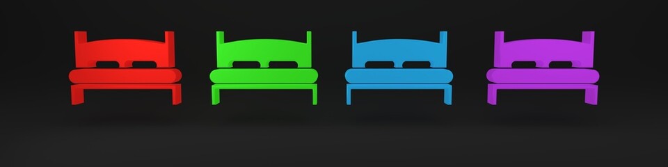 Colorful Big bed for two or one person icon isolated on black background. Minimalism concept. 3D render illustration