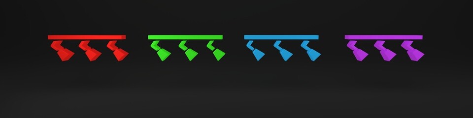 Colorful Led track lights and lamps with spotlights icon isolated on black background. Minimalism concept. 3D render illustration