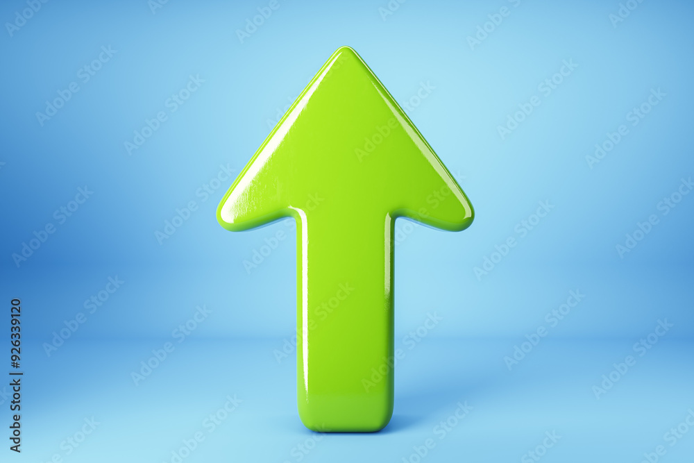 Poster green arrow pointing upward on a blue background. 3d rendering