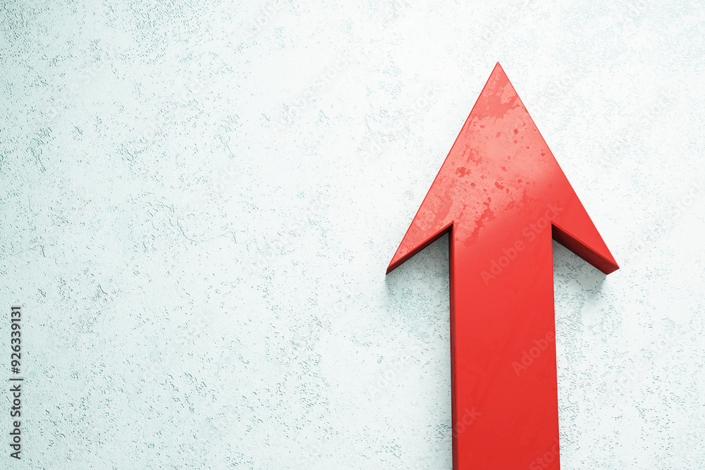 Poster Large red arrow pointing up on textured light background. 3D Rendering