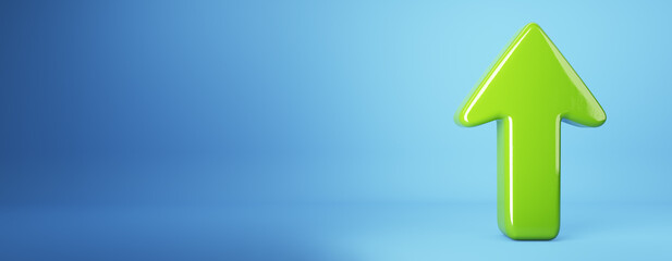 Green upward arrow on blue background. 3D Rendering