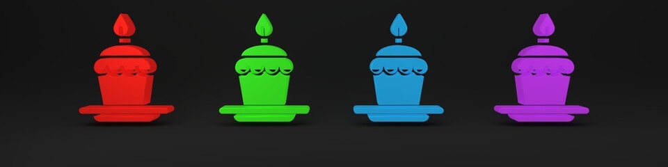 Colorful Cake with burning candles icon isolated on black background. Happy Birthday. Minimalism concept. 3D render illustration