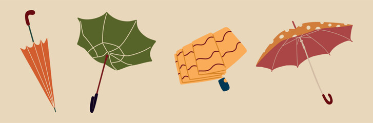 Set of different umbrellas. Opened, closed and broken umbrellas. Rainy weather