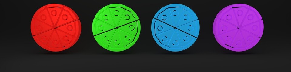 Colorful Pizza icon isolated on black background. Fast food menu. Minimalism concept. 3D render illustration