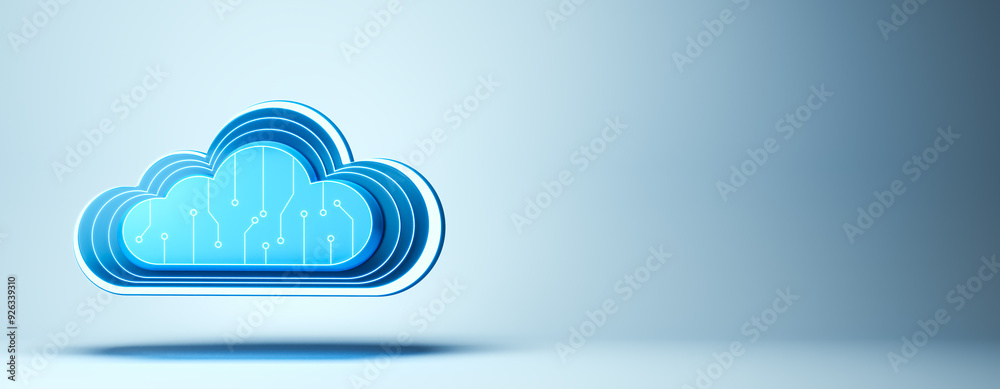 Poster Blue cloud icon with circuit pattern on light blue background. 3D Rendering