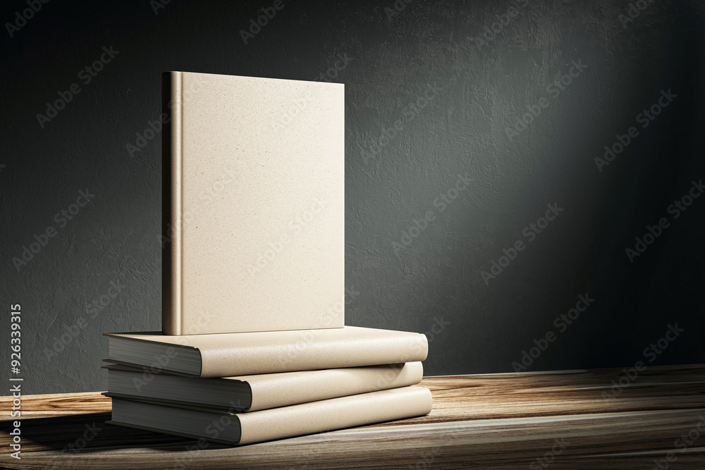 Poster beige hardcover book mockup standing on a stack of books on a wooden table. 3d rendering
