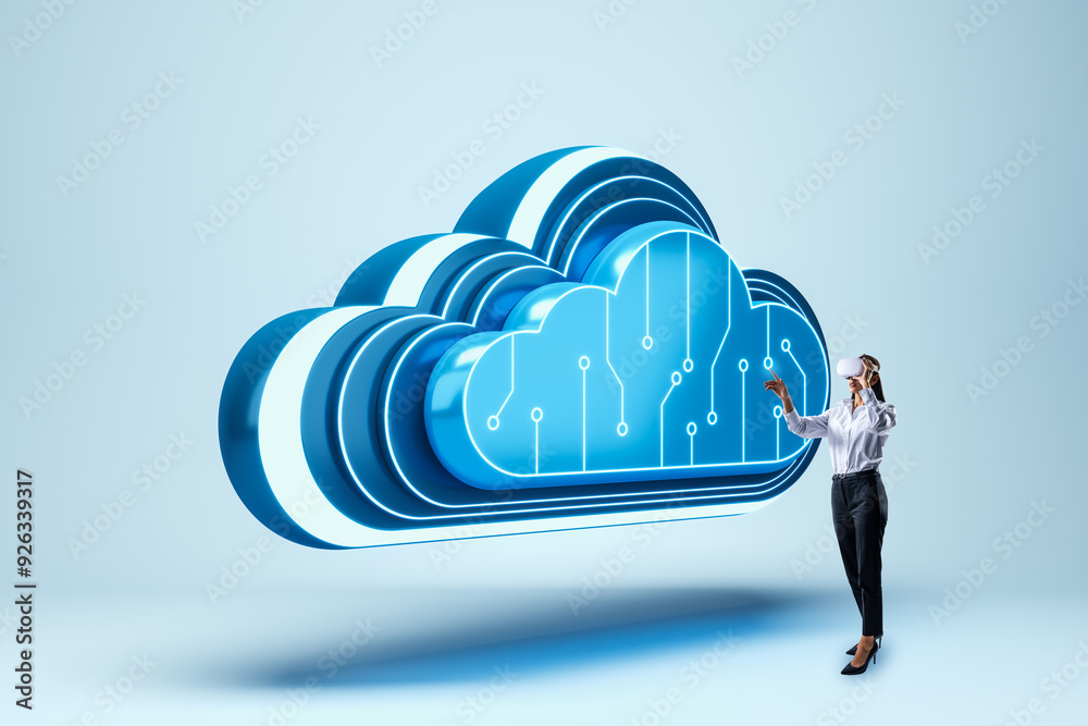Poster woman using vr to interact with a digital cloud icon on a blue background.