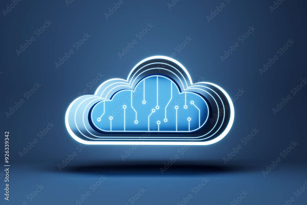 Poster neon cloud computing icon on blue background. 3d rendering