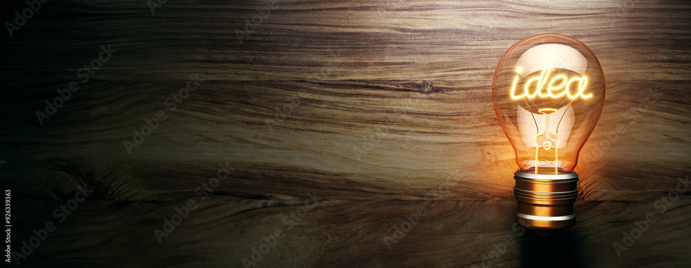 Poster Glowing bulb with idea text on a dark wooden background. 3D Rendering