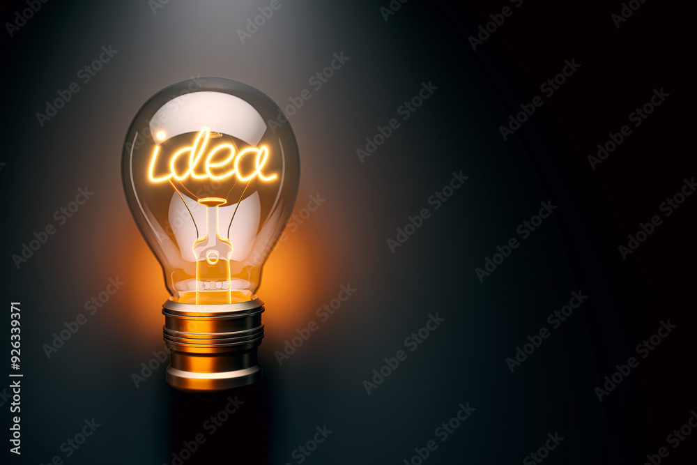 Poster Illuminated Lightbulb with Idea Text on Dark Background. 3D Rendering